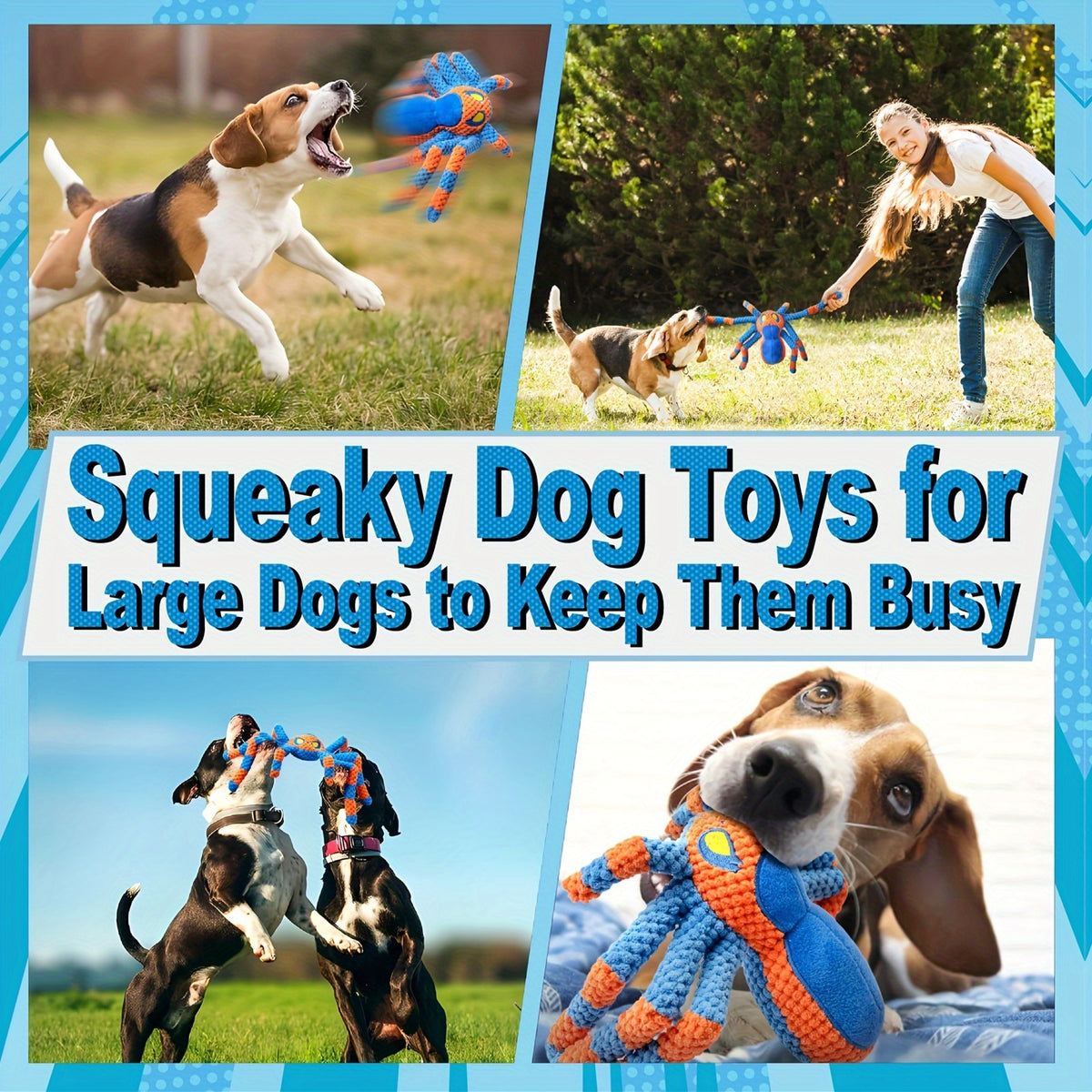 Spider Dog Toy with Squeaker and Crinkle Legs, Interactive Plush Tug of War Toy for Large Dogs, Red or Blue Halloween Pet Gift