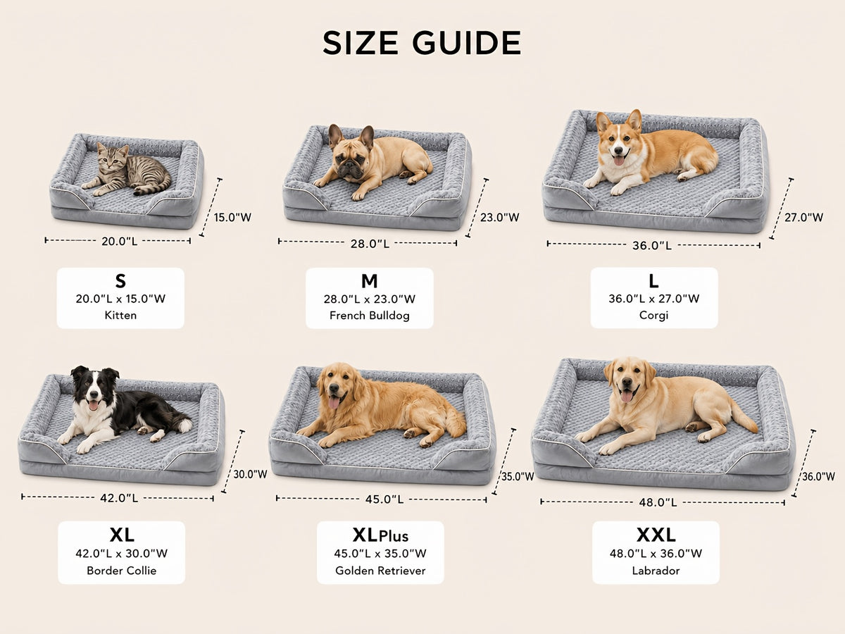 Extra Large Dog Sofa Bed with C-Shaped Bolsters, Removable Washable Plush Cover and Non-Skid Bottom, Grey Pet Couch with 20 to 71 Inch Size Options
