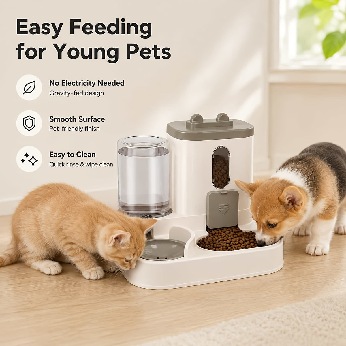 Automatic Pet Feeder 2-in-1 for Cats and Dogs, Non-Electric Space-Saving Feeding Station for Daily Pet Care in Pink, Grey or Light Yellow