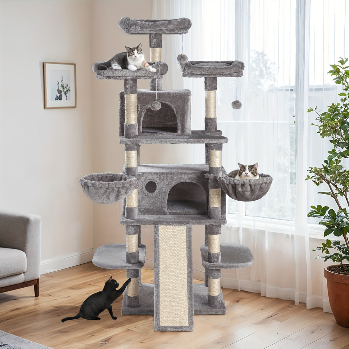 Cat Tree with Plush Baskets, 68 Inch Multi-Level Indoor Cat Tower with Condo Hideaway, Soft Perches, Sisal Scratching Posts and Wide Base