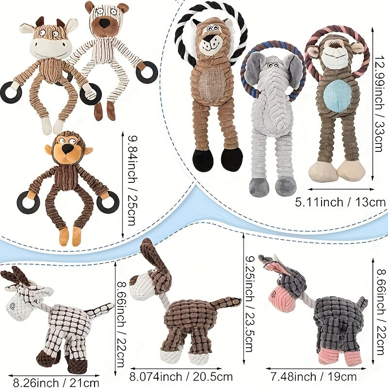 Squeaky Dog Toy Assortment with Rope and Plush Animal Designs, Random 6, 8 or 10 Piece Packs for Supervised Gentle Tug and Interactive Play
