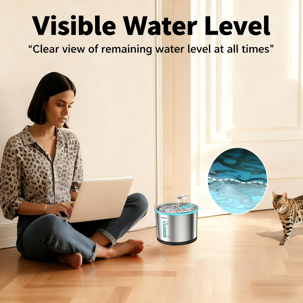 Stainless Steel Cat Water Fountain 50oz 1.5L, NPET WF210 Quiet Pet Drinking Dispenser with LED Water Level Window and Filter Bundle Options