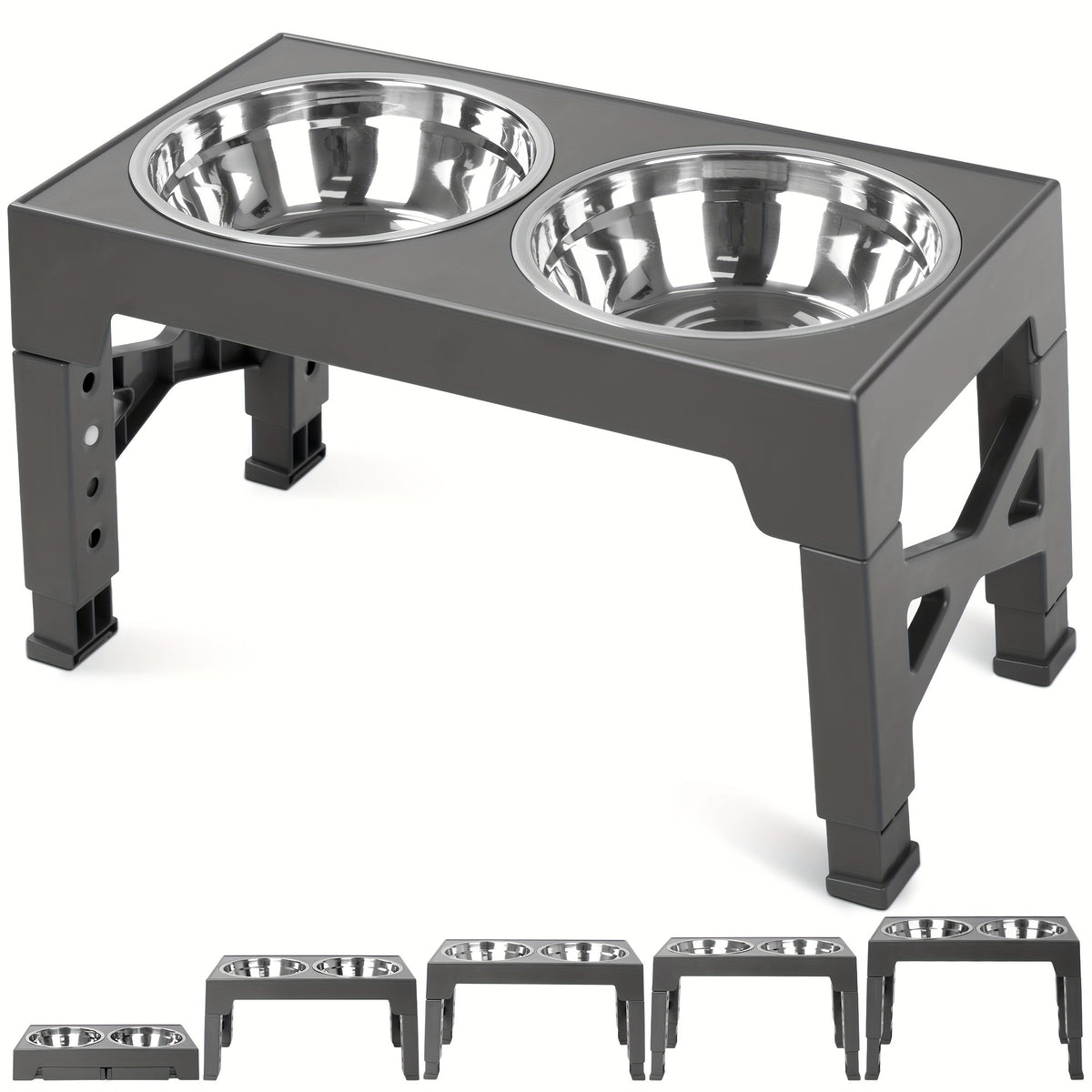 Five-Height Elevated Dog Bowls with 2 Stainless Steel Dishes, Foldable Raised Food and Water Stand from 3.15 to 12.2 Inches in Black or Gray
