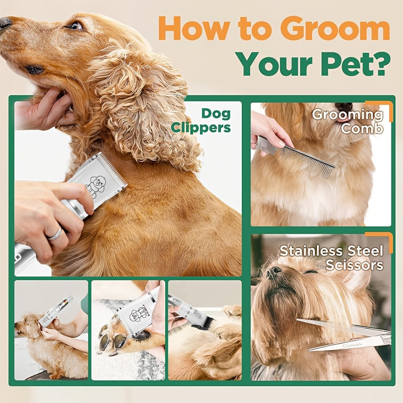 Adjustable Dog Hair Trimmer, Rechargeable Cordless Low-Noise Pet Grooming Clippers with Guide Comb Options for Dogs and Cats, Three Package Choices