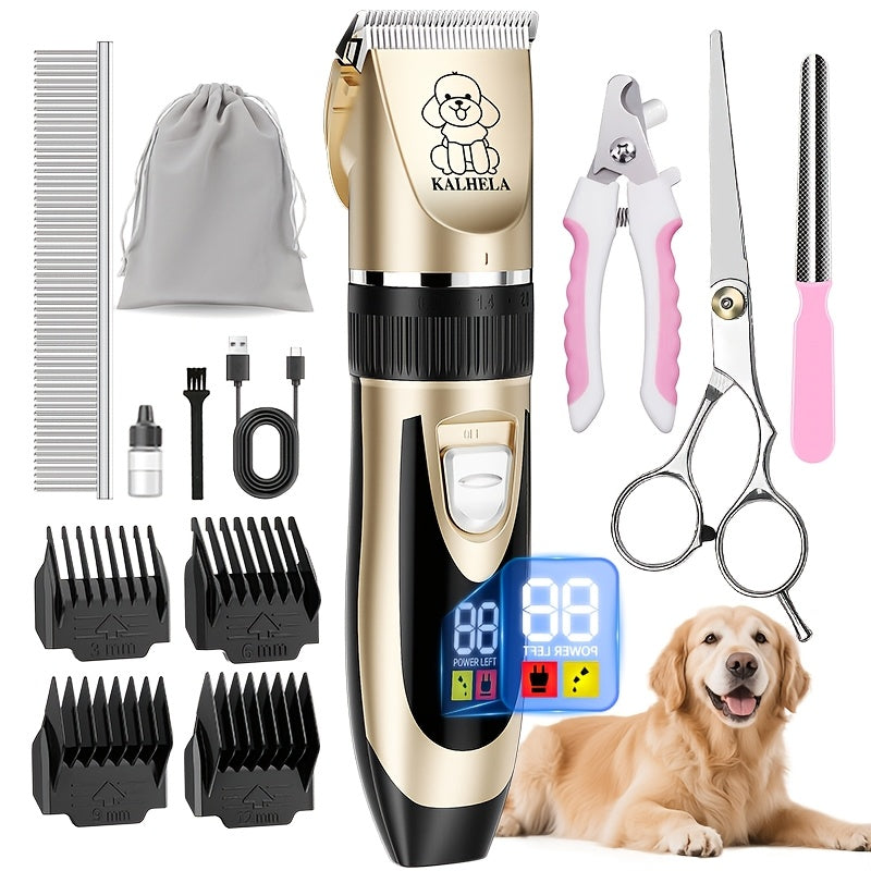 Rechargeable Dog Grooming Clippers Kit, Cordless Low-Noise Pet Hair Trimmer with Scissors and Comb for Small and Large Dogs and Cats