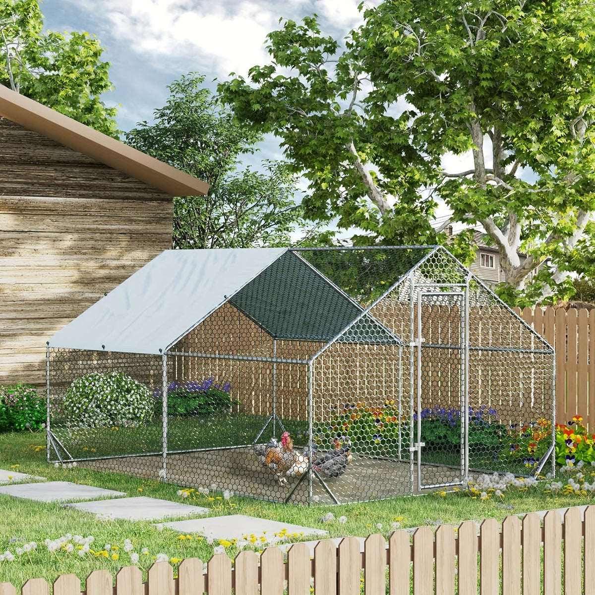 Chicken Run with UV Cover, Metal Walk-In Poultry Enclosure with Door for Backyard Hens, Outdoor Flock Care and Garden Setups, Three Size Options