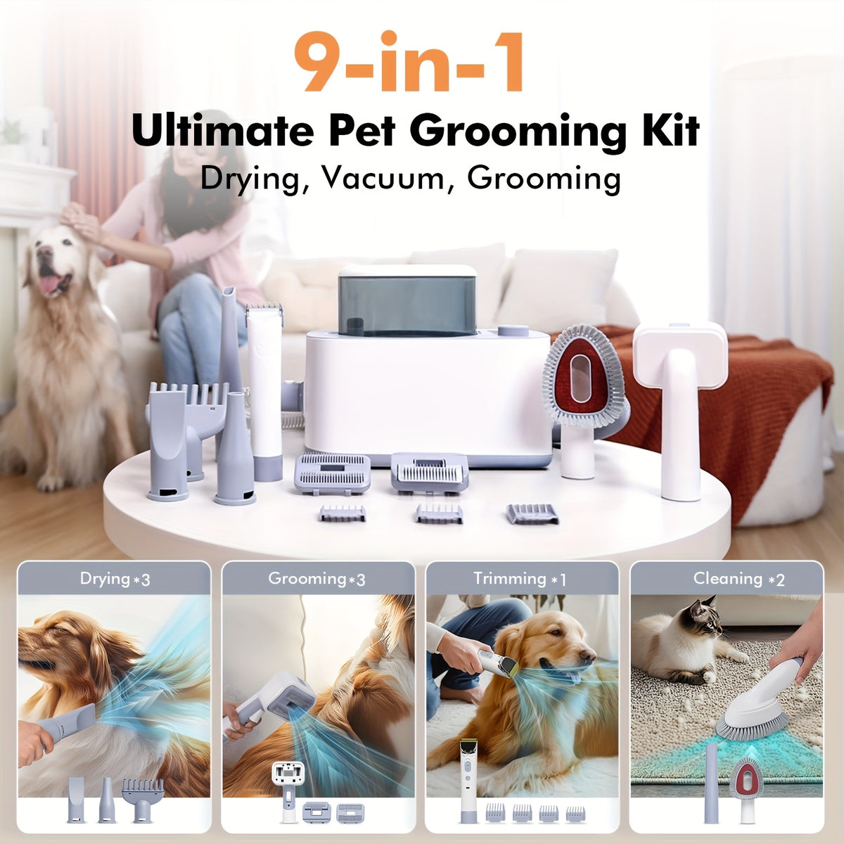 Pet Grooming Vacuum ET2311-3, 9-in-1 Dog Hair Collection and Dryer Set with Electric Clippers, Adjustable Speed and Temperature, 104.82oz Dust Bin