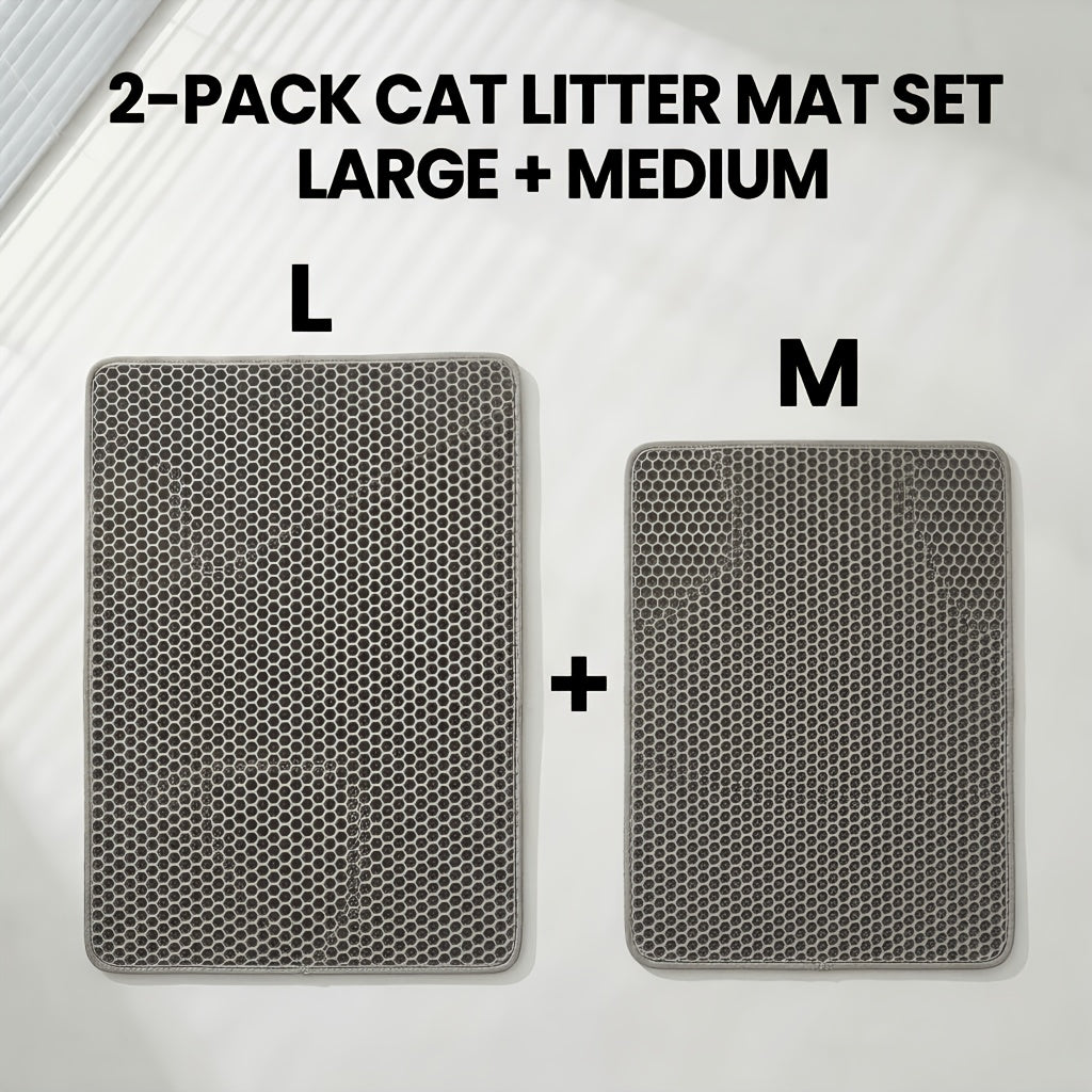 Cat Litter Mat Set of 2, Double-Layer Honeycomb Litter Catchers for Multi-Cat Homes, Washable Scatter Control Mats in XXL Pair or L and M Combo