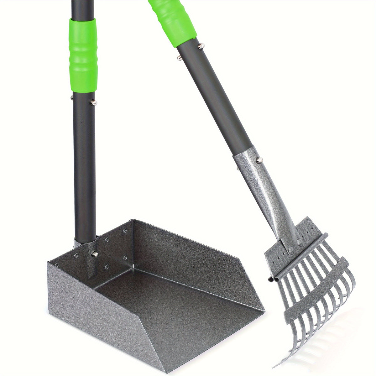 Dog Pooper Scooper Tray and Rake Set, Stainless Steel Pet Waste Removal Tools with Adjustable Handles for Everyday Yard Cleanup