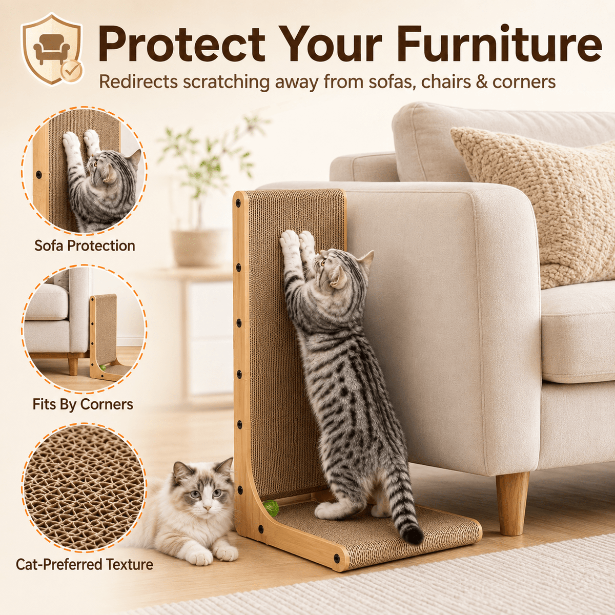 Wood Frame Cardboard Cat Scratcher, XL 24.8 Inch L-Shaped Vertical and Floor Scratching Board with Replaceable Pads and Jingle Toy Ball
