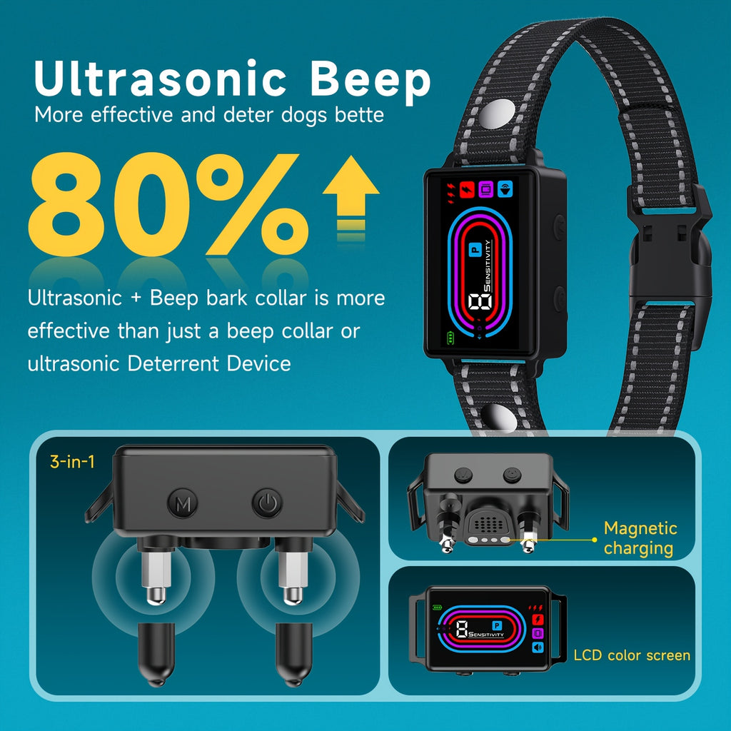 Magnetic Charging Bark Collar for Dogs with 9 Sensitivity Levels, Adjustable Fit, Vibration and Switchable Static Mode, 1 or 2 Pack Options