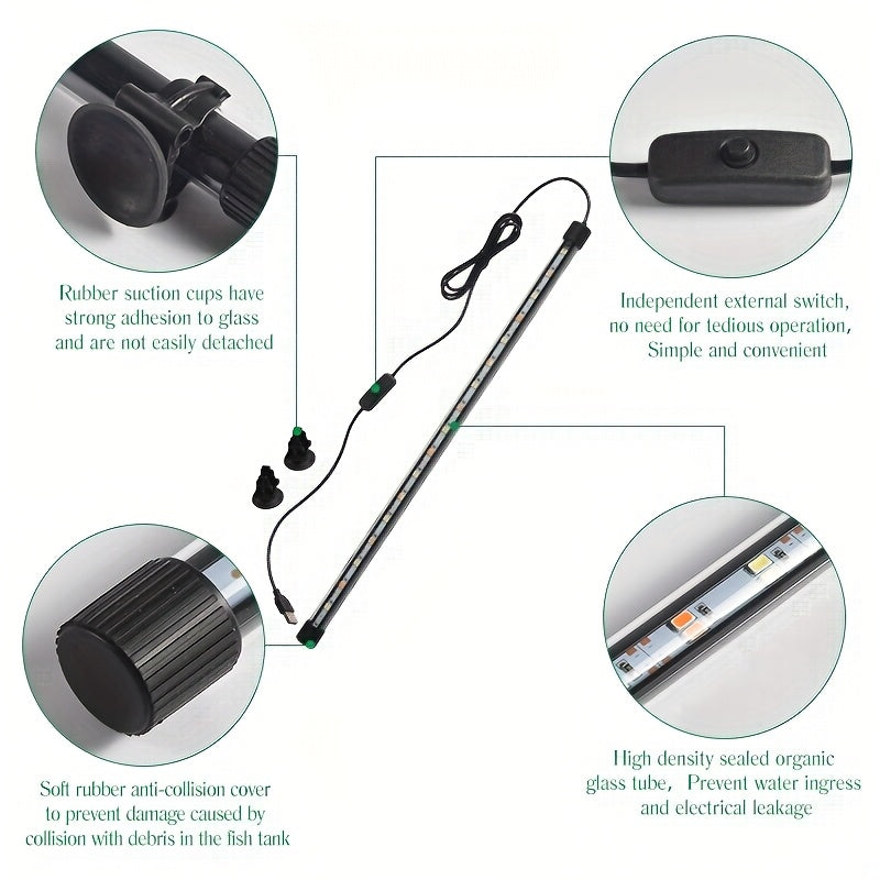 USB Aquarium LED Light Bar with Double-Row RGBW Illumination, Decorative Fish Tank Lighting in 14.96 and 18.90 Inch Options, No Battery