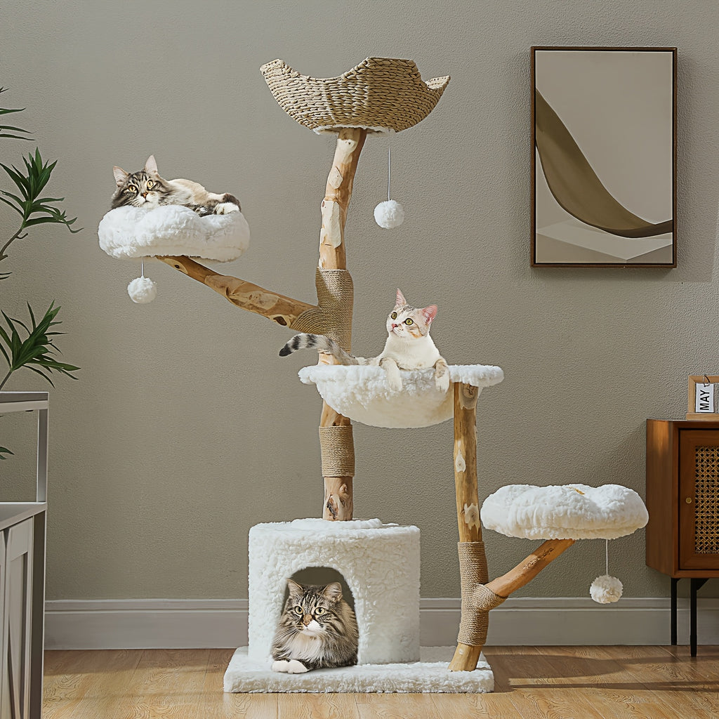 Flower Cat Tree with Floral Perches and Scratching Posts, Wooden Bohemian Indoor Cat Tower Furniture in White and Brown Style Options