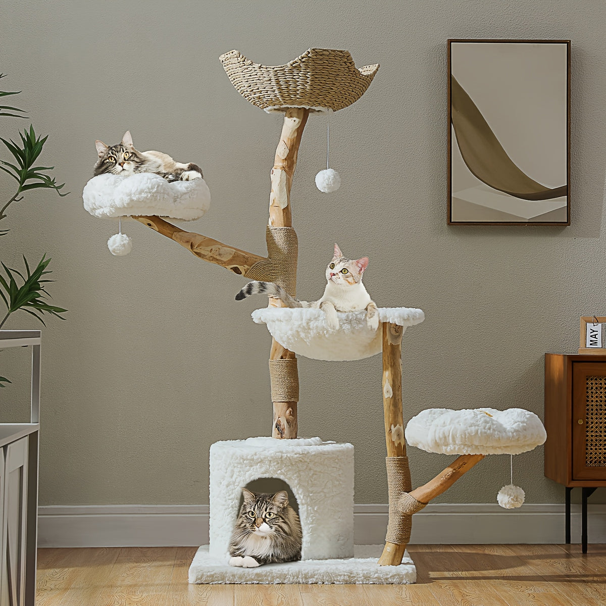 Flower Cat Tree with Floral Perches and Scratching Posts, Wooden Bohemian Indoor Cat Tower Furniture in White and Brown Style Options