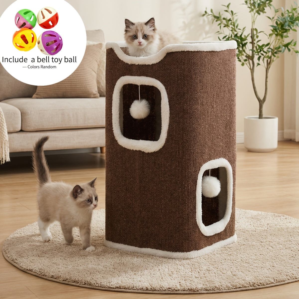 Cat Condo Cube Tower for Indoor Cats, Space-Saving Cat House Bed with Hanging Plush Ball, One to Three Stories in Beige, Coffee or Light Gray