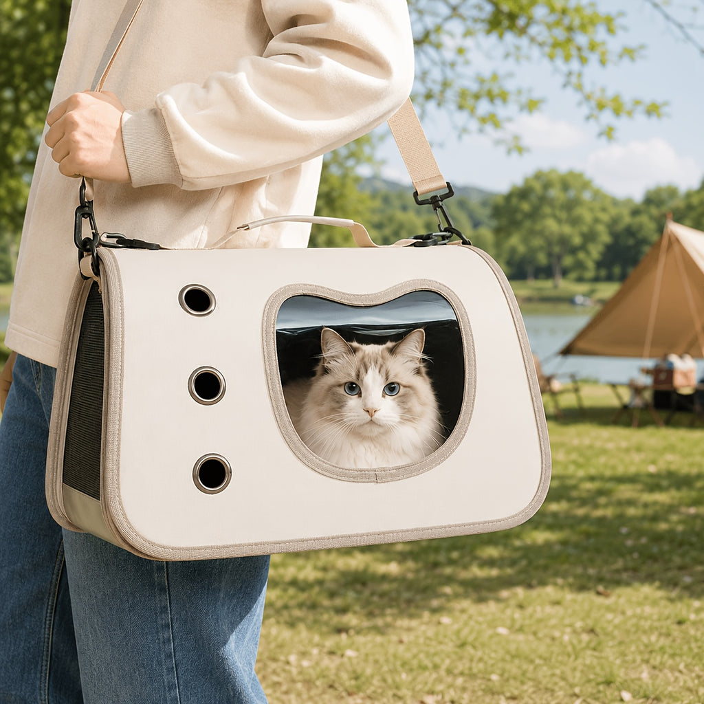 Cat Carrier with Cat-Face Viewing Window, Foldable Pet Travel Bag with Mesh Ventilation and Adjustable Shoulder Strap for Kittens and Small Dogs