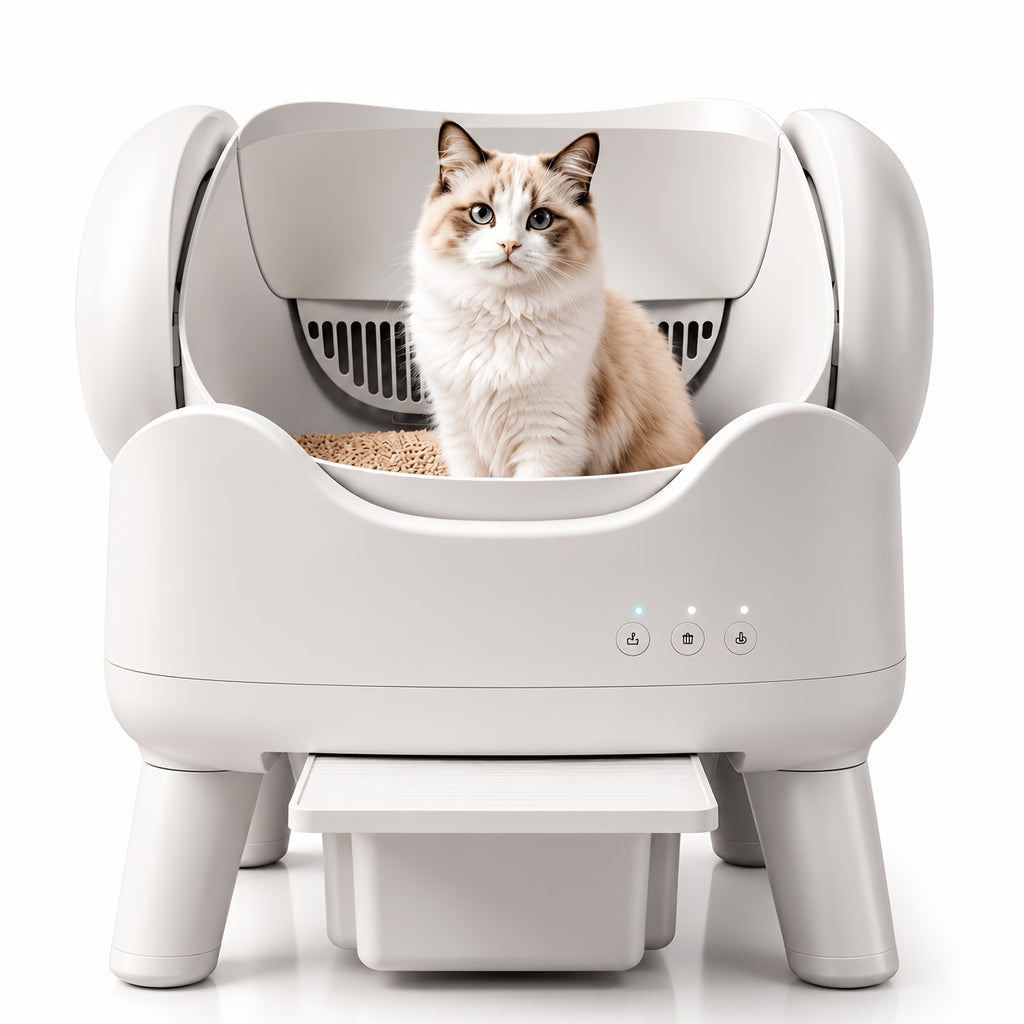 Self-Cleaning Cat Litter Box with Mat and 2 Bags, Large White Automatic Cat Toilet for Indoor Cat Care, Odor Control and Everyday Cleanup