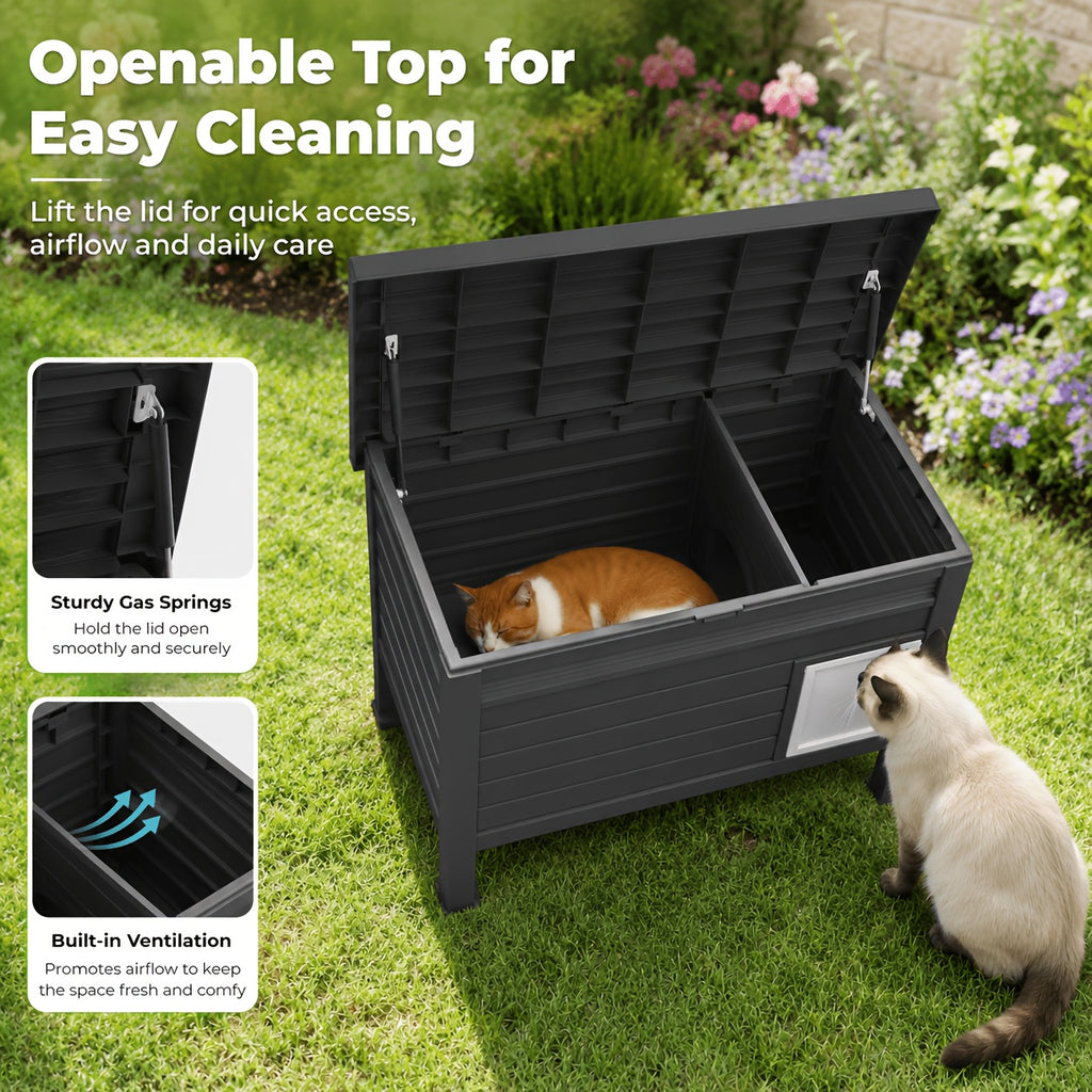 Cat House with Openable Doors, Black Resin Indoor and Sheltered Outdoor Cat Shelter, Easy-Clean Resting Space, 31.02 x 19.09 x 26.73 Inches