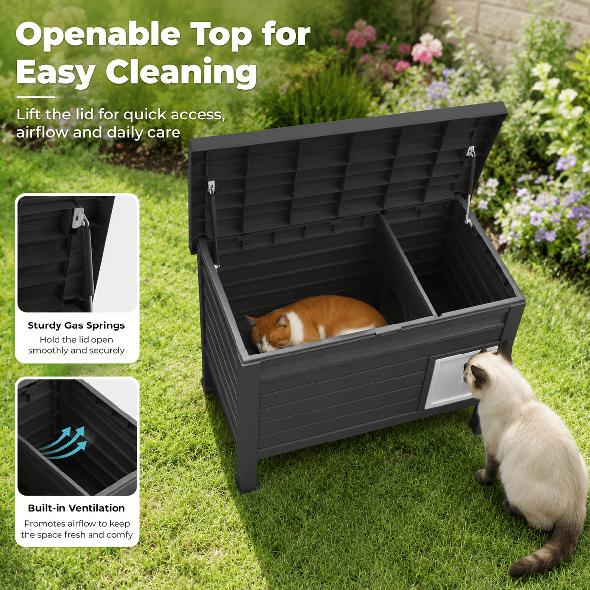 Cat House with Openable Doors, Black Resin Indoor and Sheltered Outdoor Cat Shelter, Easy-Clean Resting Space, 31.02 x 19.09 x 26.73 Inches