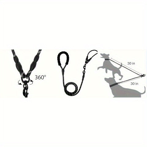 Double Dog Rope Leash with 360-Degree Swivel, Reflective Nylon Lead and Padded Foam Handle for Walking Two Small Dogs or Puppies