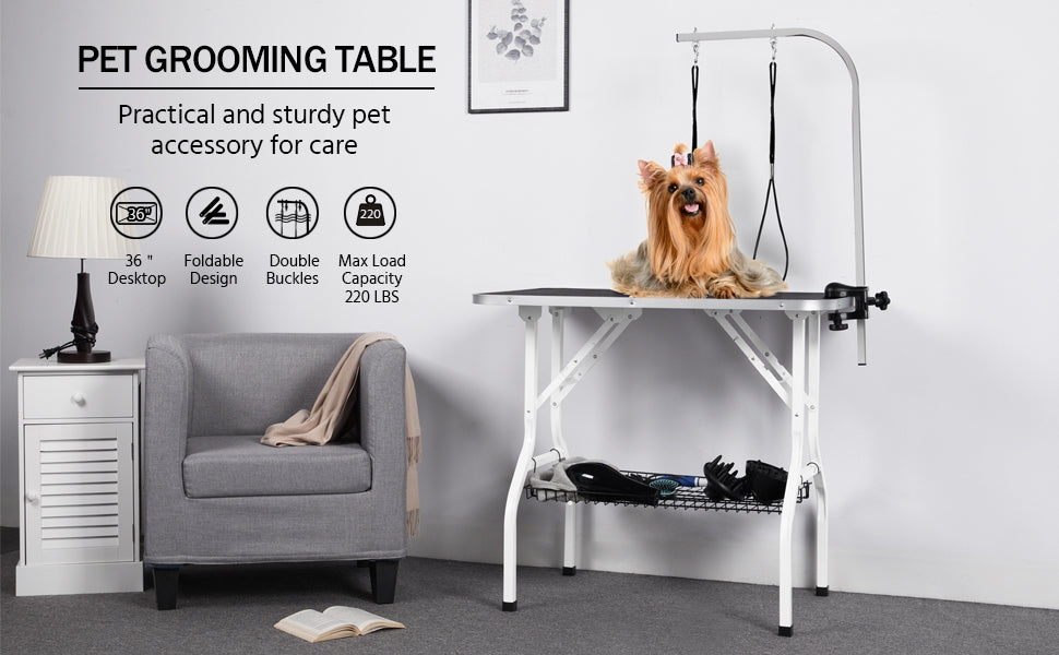 Foldable Dog Grooming Table with Mesh Tool Shelf, Detachable Height Adjustable Arm and Antiskid Surface for Small to Medium Dogs