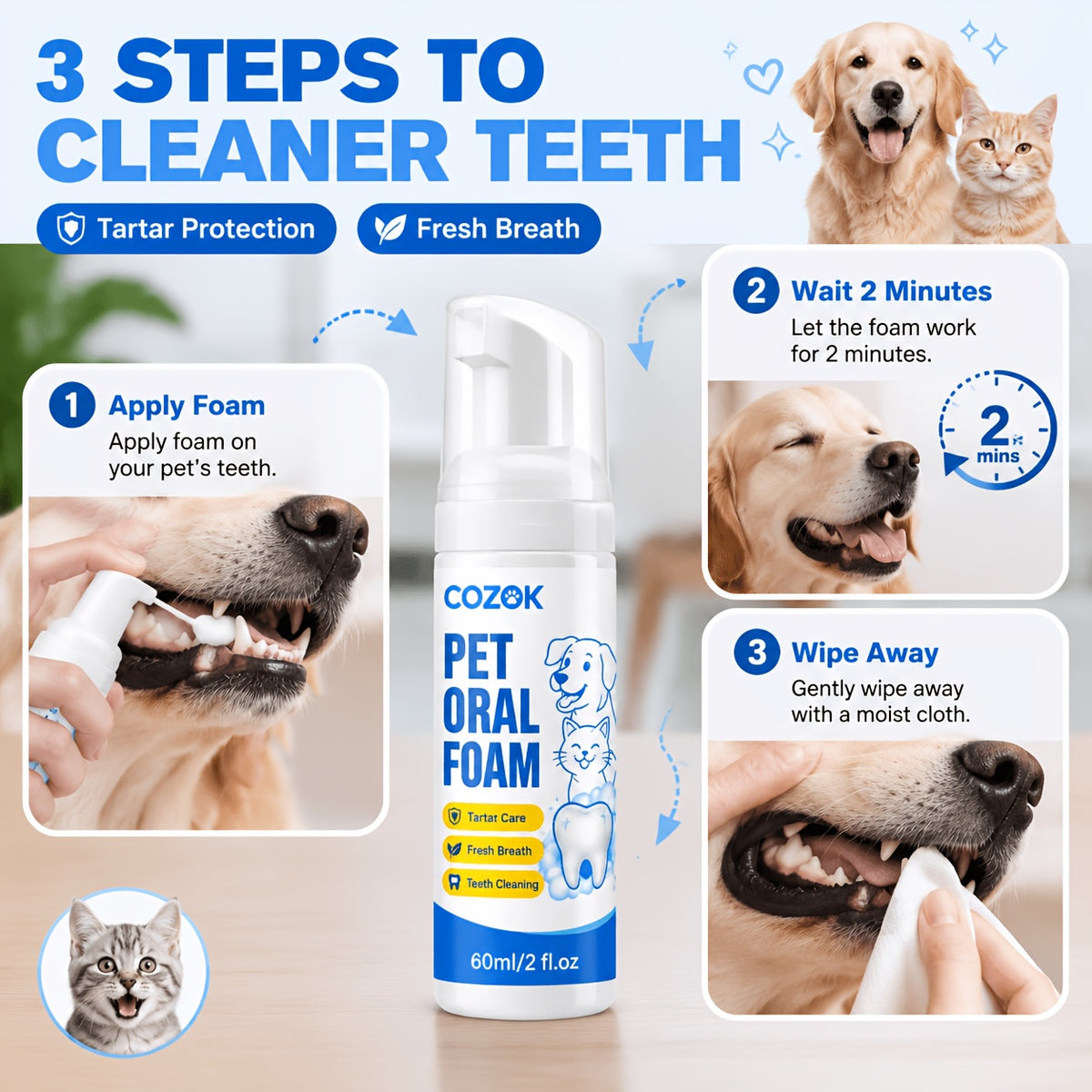 Pet Dental Foam for Dogs and Cats, Honeysuckle, Glycerin and Mint Oral Care Formula for Owner-Managed Teeth Cleaning and Fresh Breath Routines, 1 Piece
