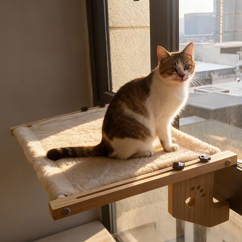 Adjustable Cat Window Hammock with Wooden Paw-Cutout Supports, Soft Hanging Cat Bed for Compatible Windowsills and Indoor Sunbathing