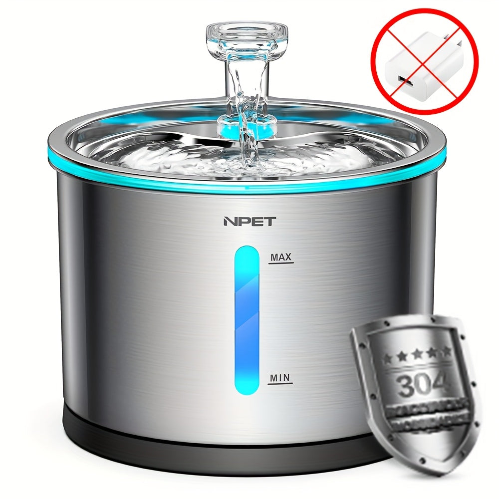 Stainless Steel Cat Water Fountain 50oz 1.5L, NPET WF210 Quiet Pet Drinking Dispenser with LED Water Level Window and Filter Bundle Options
