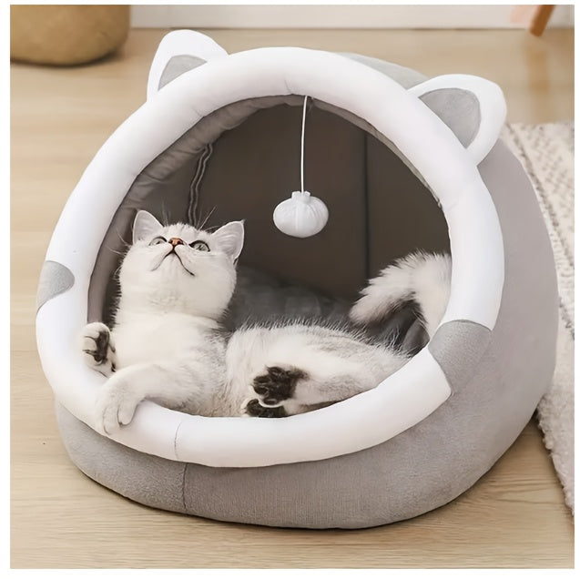 Cartoon Cat Cave Bed and Sleeping House, Cozy Indoor Kitty Hideaway for Curling Up and Resting, Large 16.34 x 16.34 x 13.78 Inches