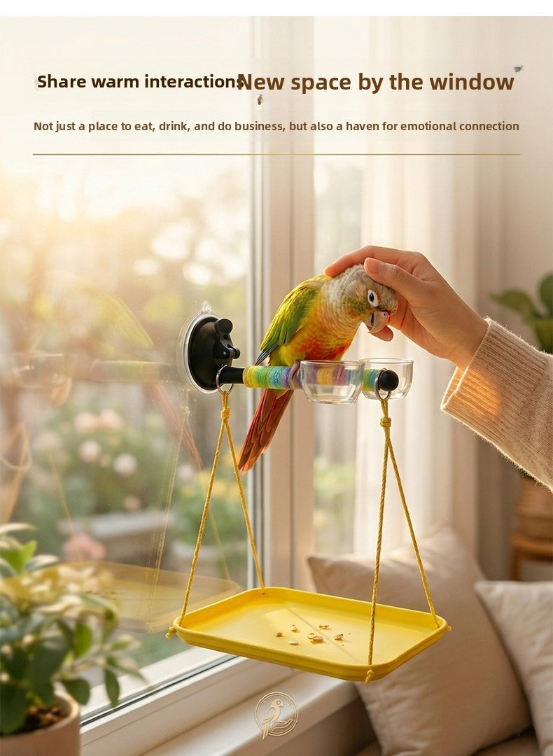 Bird Window Perch with Suction Cup, Parrot Stand with Waste Tray and Anti-Fly Chain, 3-Piece Set for Budgies, Parakeets and Cockatiels