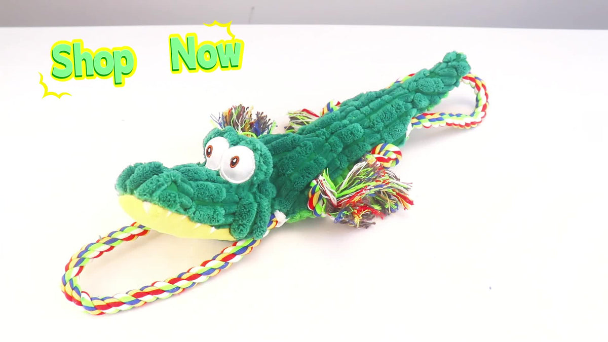 Squeaky Crocodile Rope Dog Toy in Green, Cotton Rope and Canvas Tug Toy with Two Knotted Ropes for Supervised Interactive Indoor and Outdoor Play