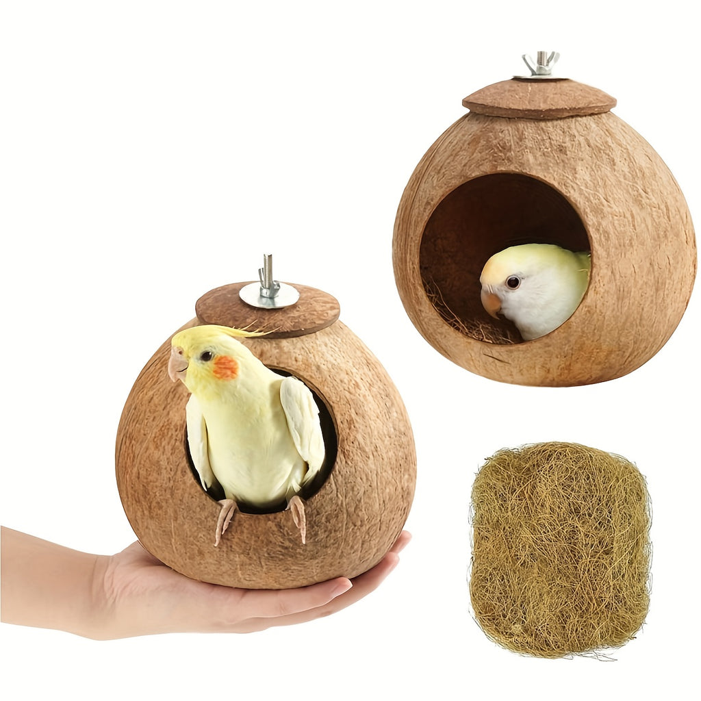 Coconut Shell Bird Nest 2 Pack with Hanging Ropes, Natural Bird Cage Hideaway Huts for Small Birds, Parakeet Cage Accessories and Decor