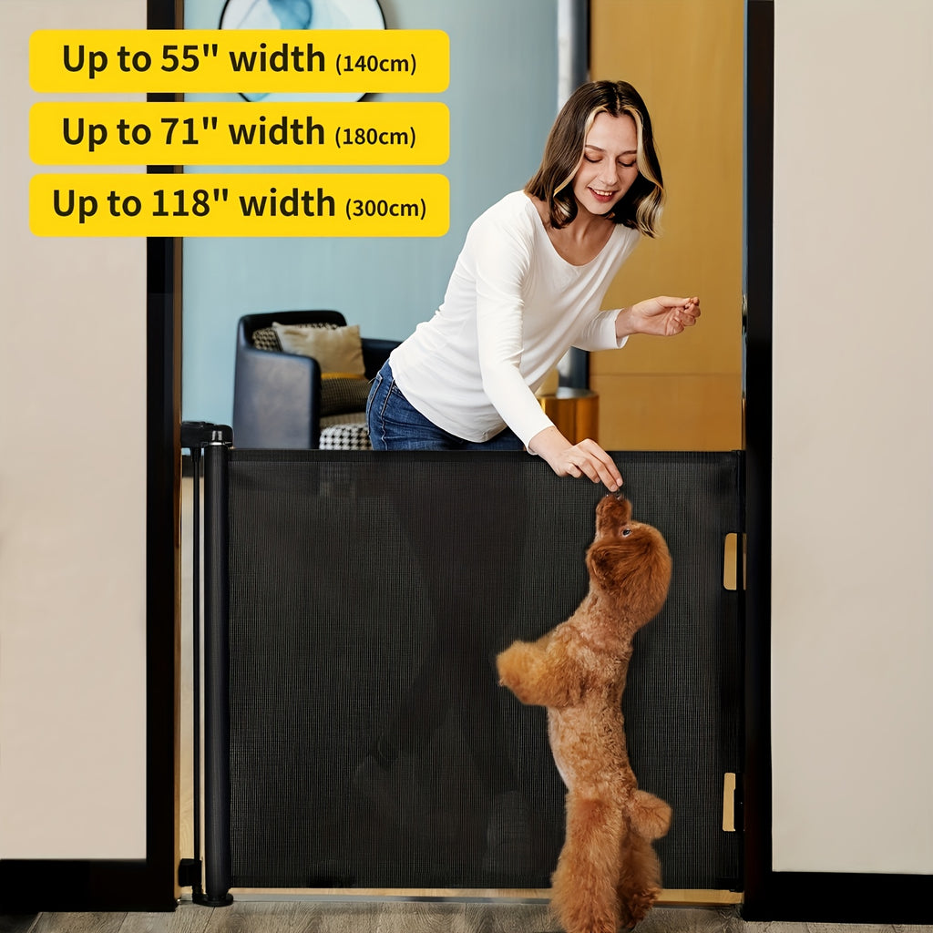 Retractable Mesh Dog Gate for Doorways and Hallways, Indoor Outdoor Pet Barrier in Black, White or Gray, Multiple Sizes up to 197 Inches Wide