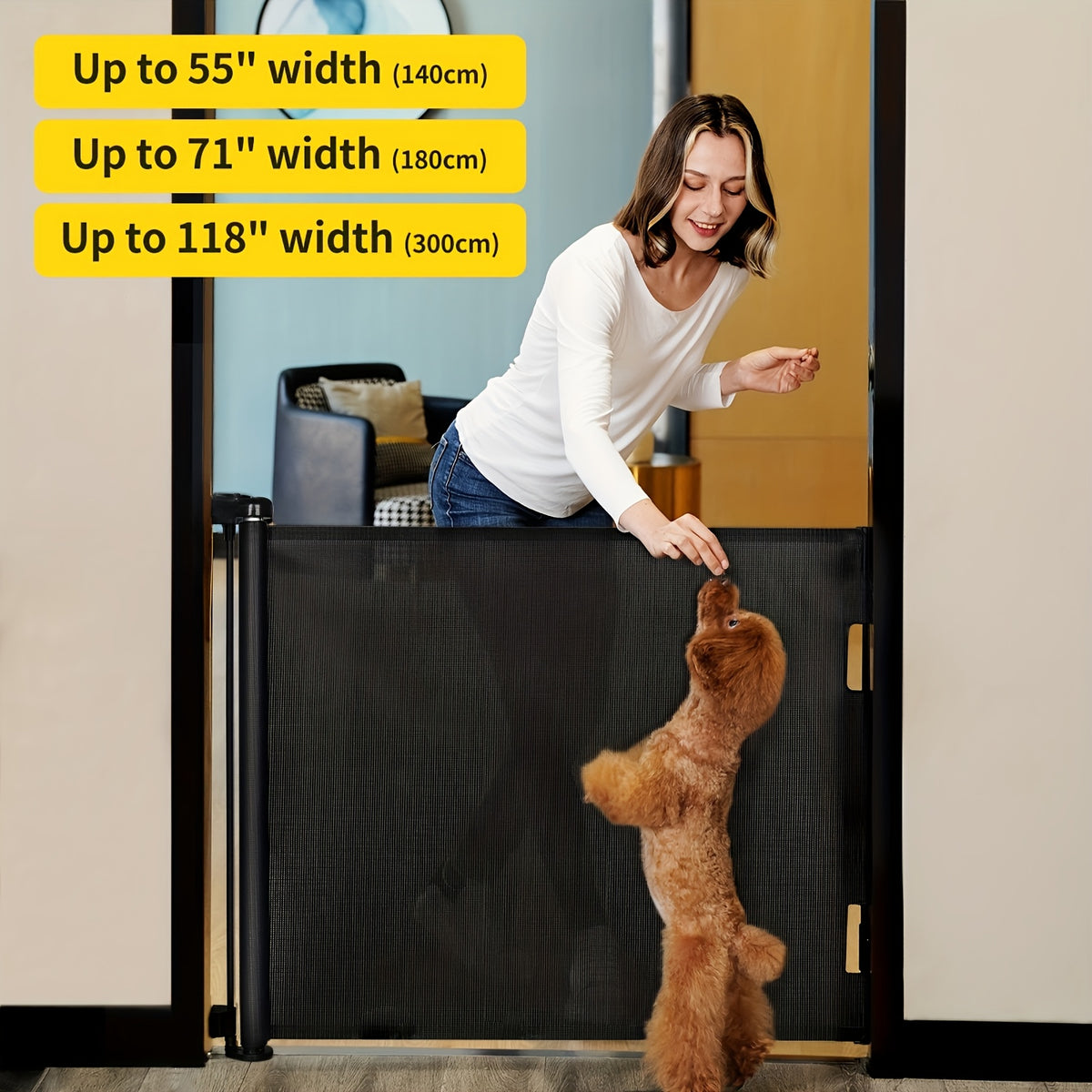 Retractable Mesh Dog Gate for Doorways and Hallways, Indoor Outdoor Pet Barrier in Black, White or Gray, Multiple Sizes up to 197 Inches Wide
