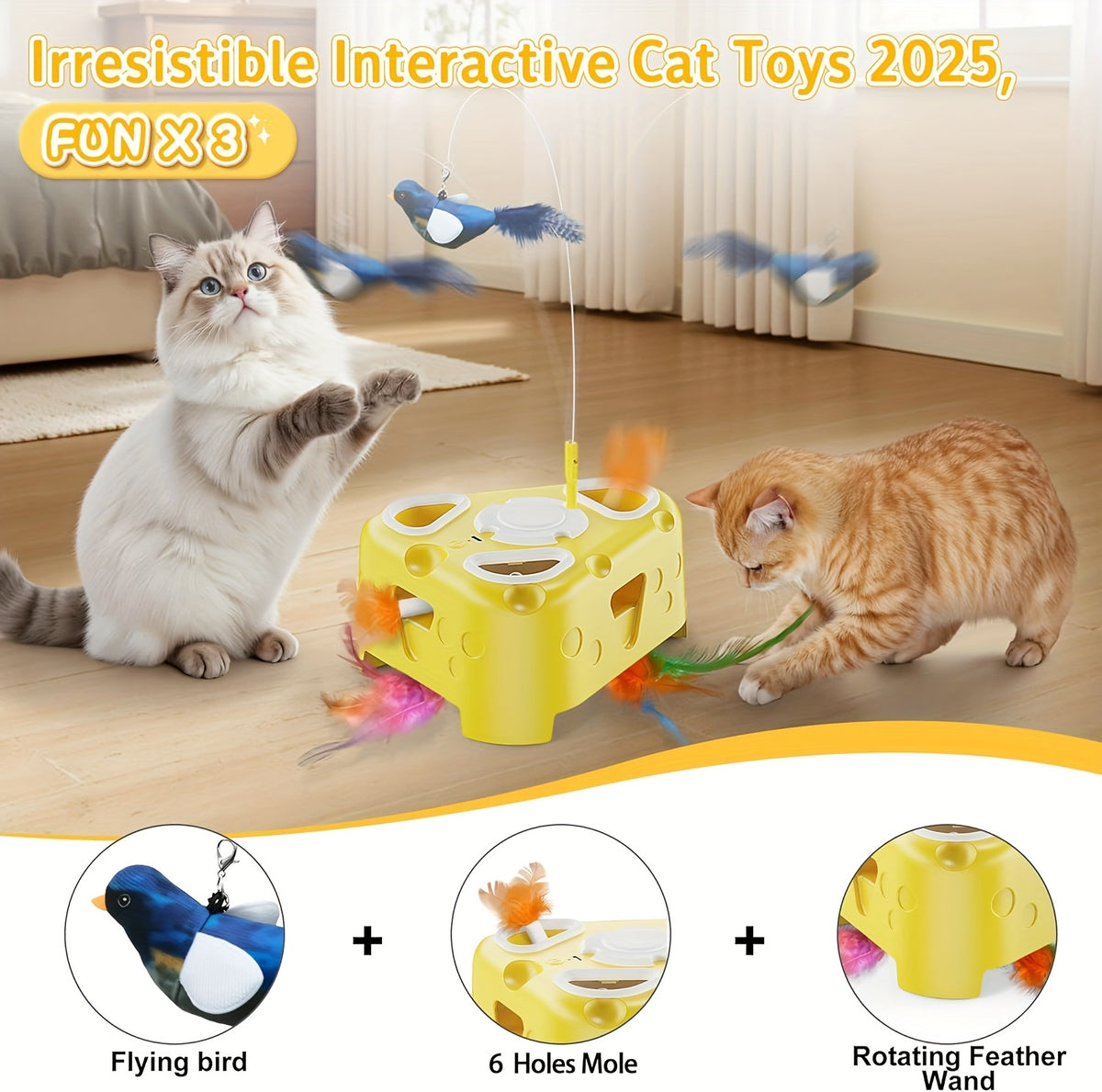 Interactive Cat Toy with Cheese-Shaped Base, 6-Hole Pop-Up Feathers and Flying Bird Wand, USB Rechargeable 3-Mode Toy for Indoor Cat Play