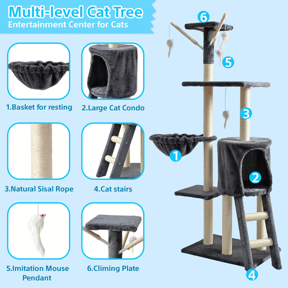 Cat Tree with Hammock and Extended Platform, Multi-Level Indoor Cat Tower with Sisal Scratching Posts, Condo and Dangling Play Toy
