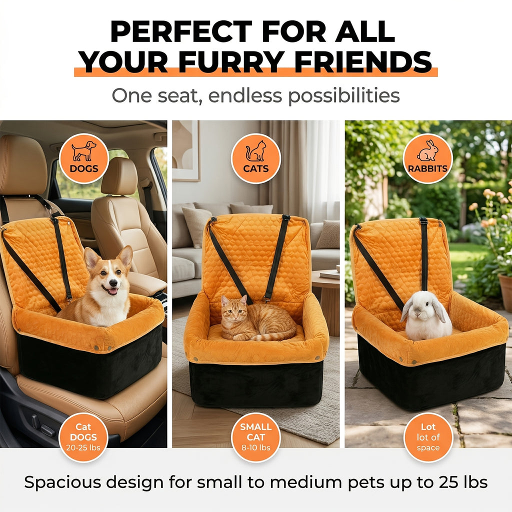 Memory Foam Dog Car Seat for Pets up to 35 lbs, Non-Slip Booster Travel Bed with Removable Waterproof Cover, Adjustable Straps and Storage Pocket