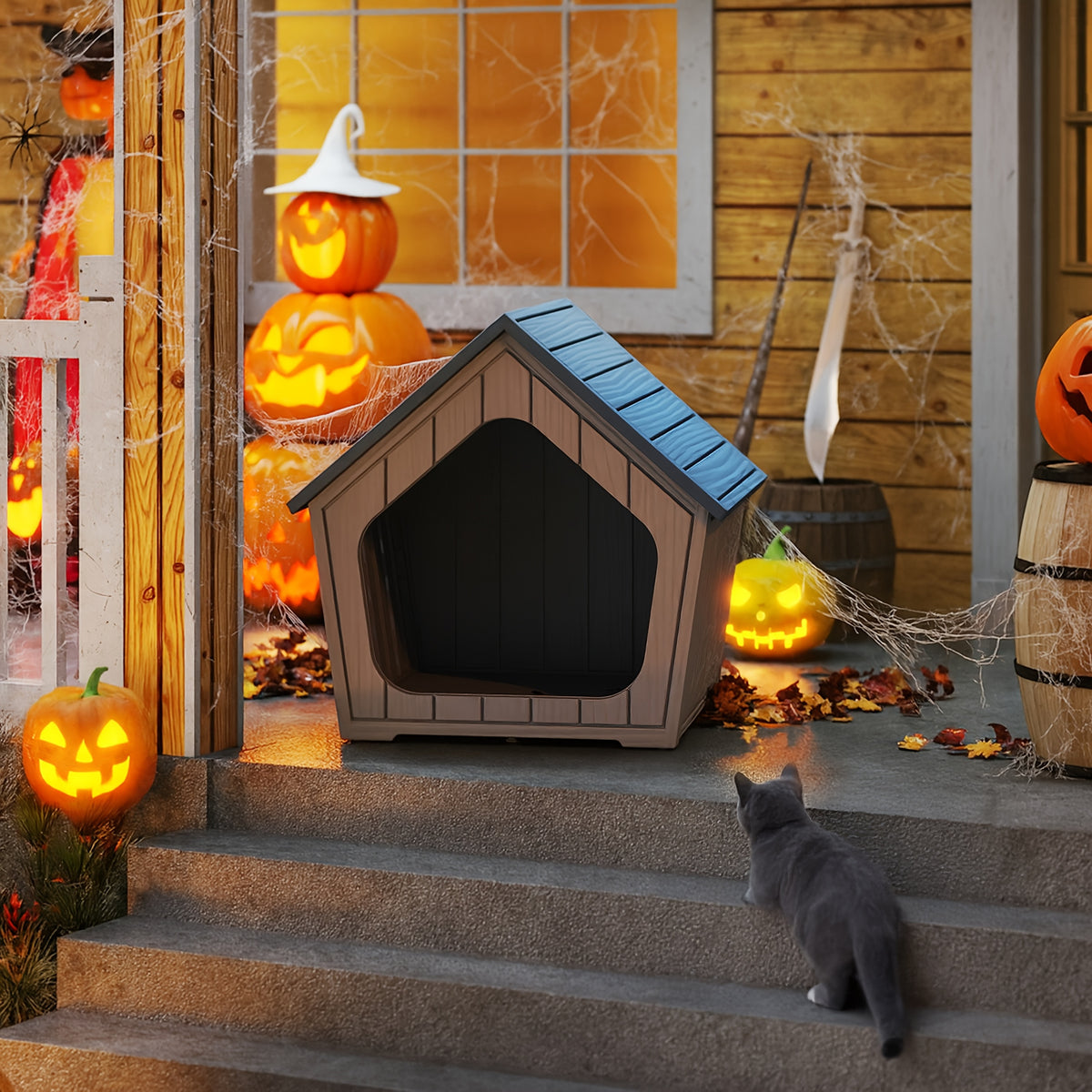 Resin Cat House with Raised Floor and Roof, XL Listed Pet Hideaway for Indoor and Sheltered Outdoor Rest, Blue or Light Brown, Assembly Required