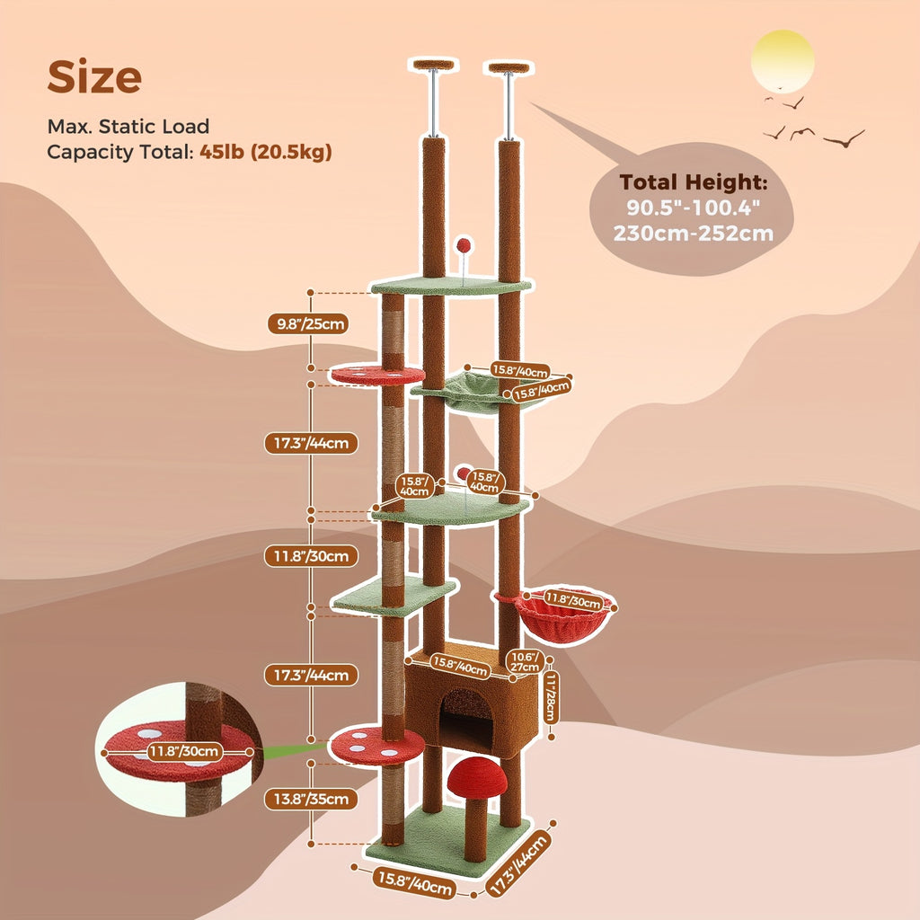 Adjustable Floor to Ceiling Cat Tree 90.5–100.4 Inches, Dual Top Support Indoor Tower with Condo, Hammocks, Climbing Platforms and Scratching Posts