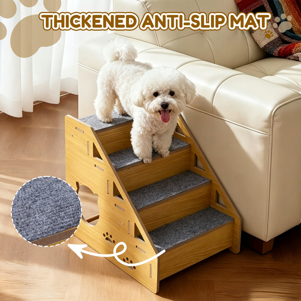4-Step Dog Stairs for Small Dogs and Cats, Khaki Pet Steps with Non-Slip Treads and Paw Cutout Side Panels for Bed and Couch Access