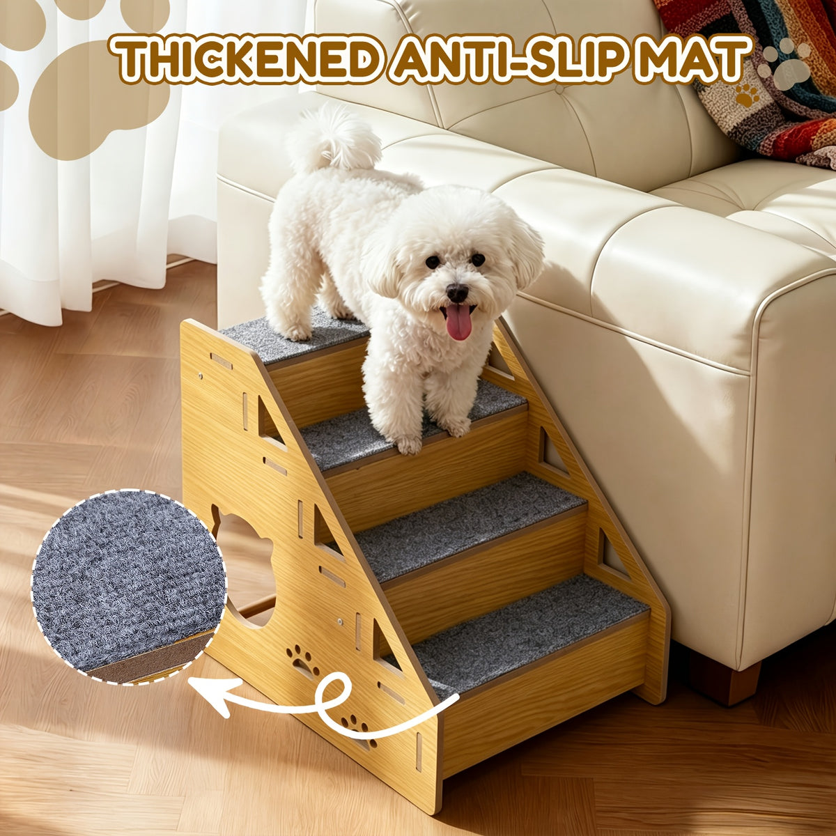 4-Step Dog Stairs for Small Dogs and Cats, Khaki Pet Steps with Non-Slip Treads and Paw Cutout Side Panels for Bed and Couch Access