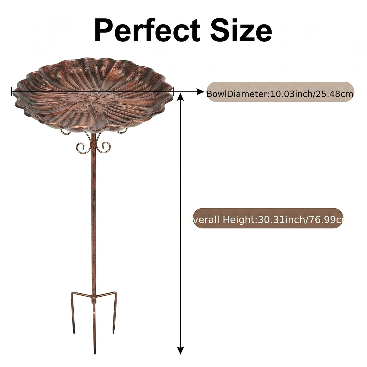 Garden Bird Bath with Ground Stake, 30.31-Inch Retro Metal Birdbath with Scalloped 10-Inch Basin, Copper or Bronze Color for Outdoor Yards