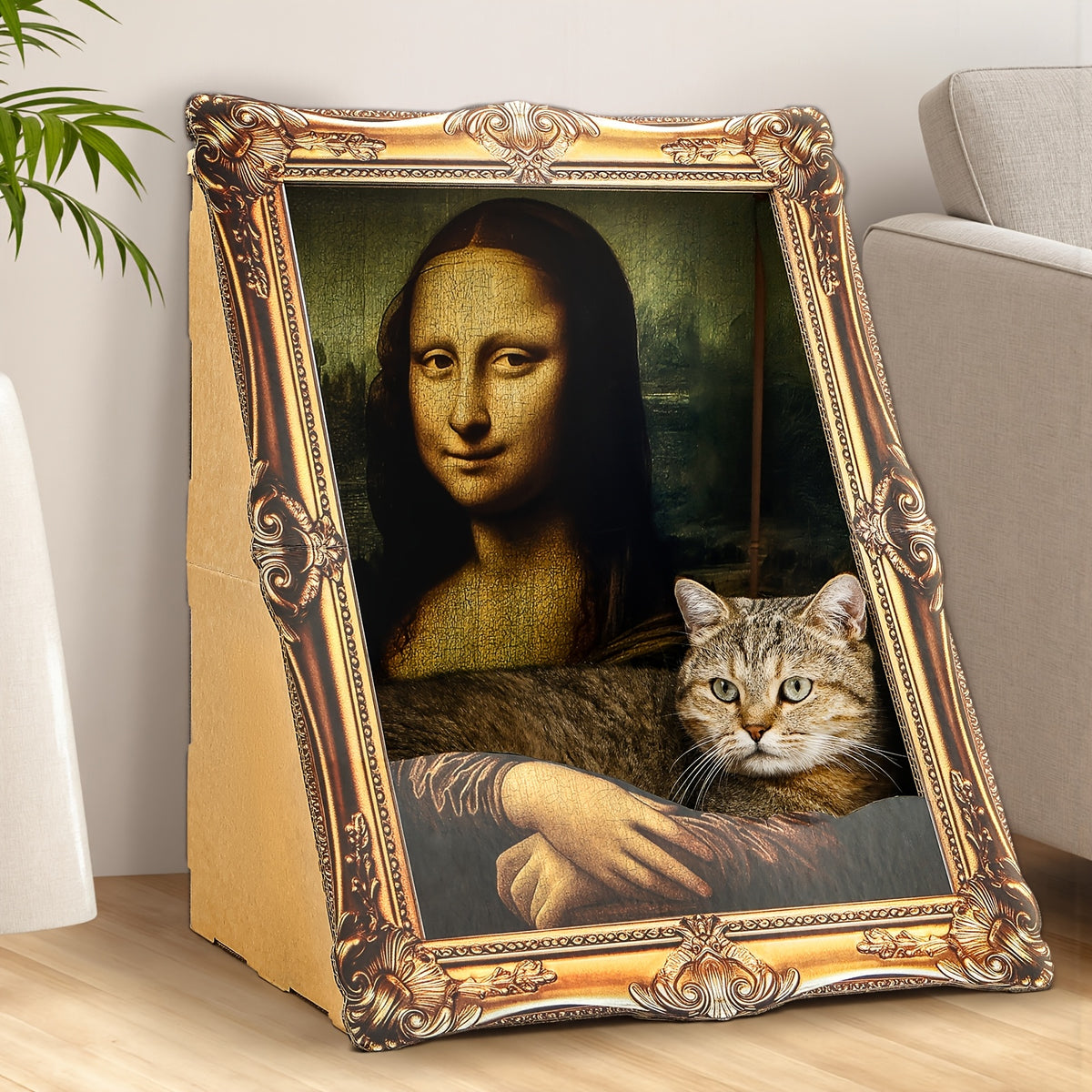 Mona Lisa Cat Scratcher Bed with Art Frame, Easy-to-Assemble Cardboard Cat Condo for Indoor Scratching, Resting and Creative Home Decor