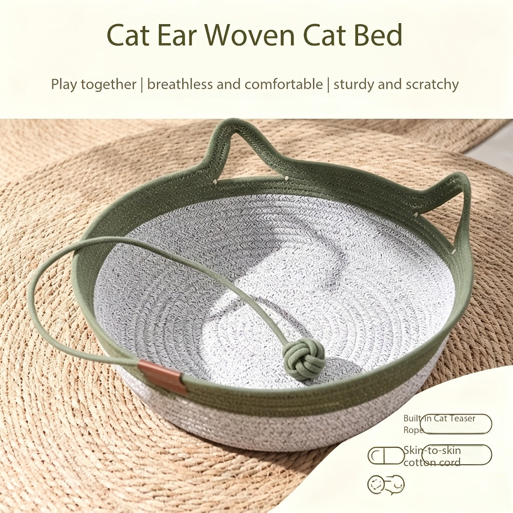 Woven Cat Bed and Scratcher Basket with Cat Ear Rim and Rope Ball Toy, Medium Indoor Lounger for Resting, Scratching and Play