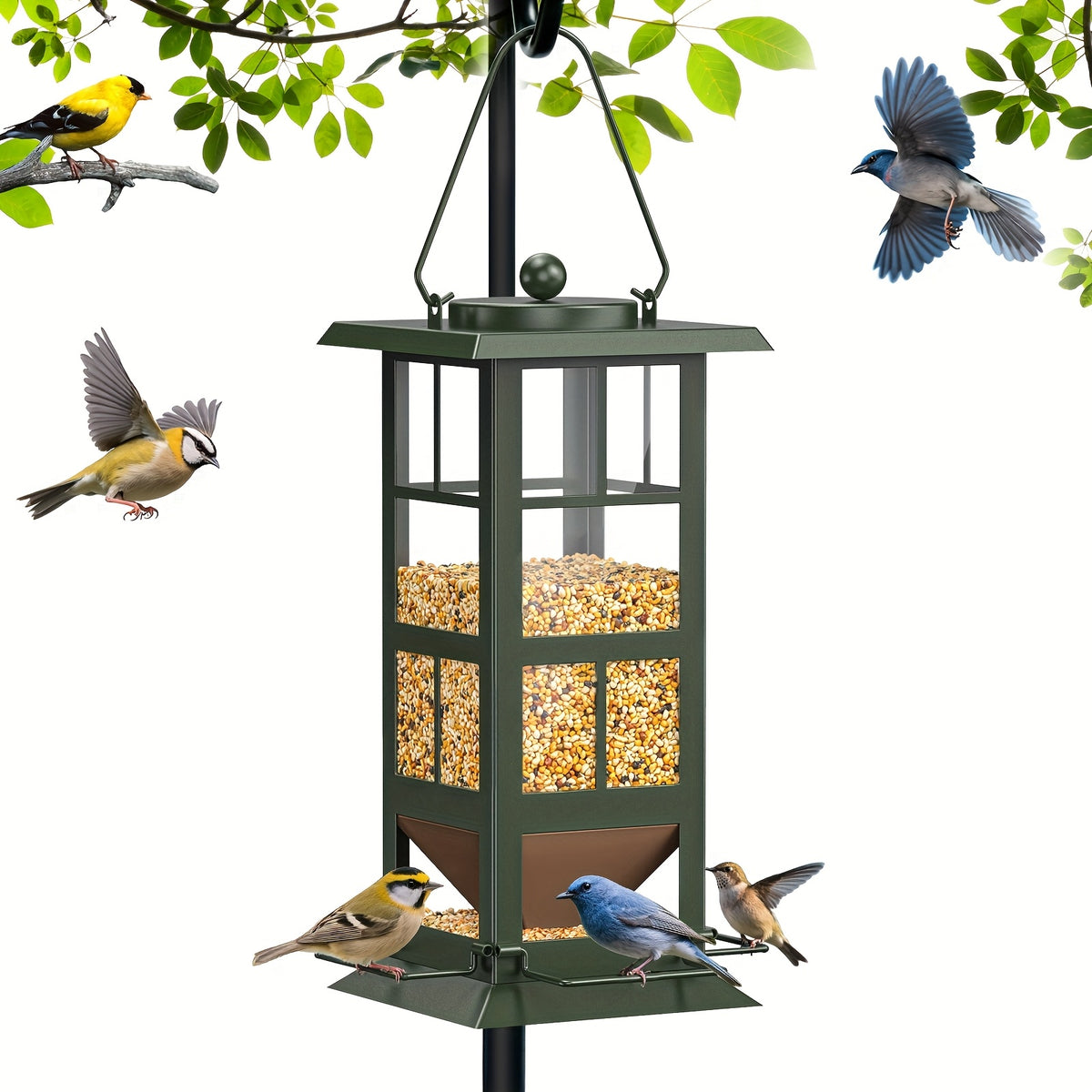 Four-Port Bird Feeder for Outdoors, Green Metal Hanging Wild Bird Feeder with Drainage Holes and Easy-Fill Design for Backyard Birdwatching