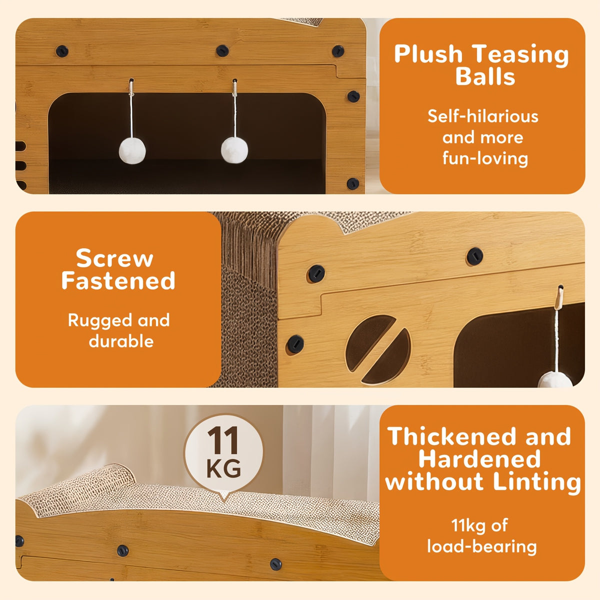 Cardboard Cat House with Scratching Board and Pompom Toy, Indoor Cat Hideout Bed for Scratching and Resting, Single or Double Layer Options