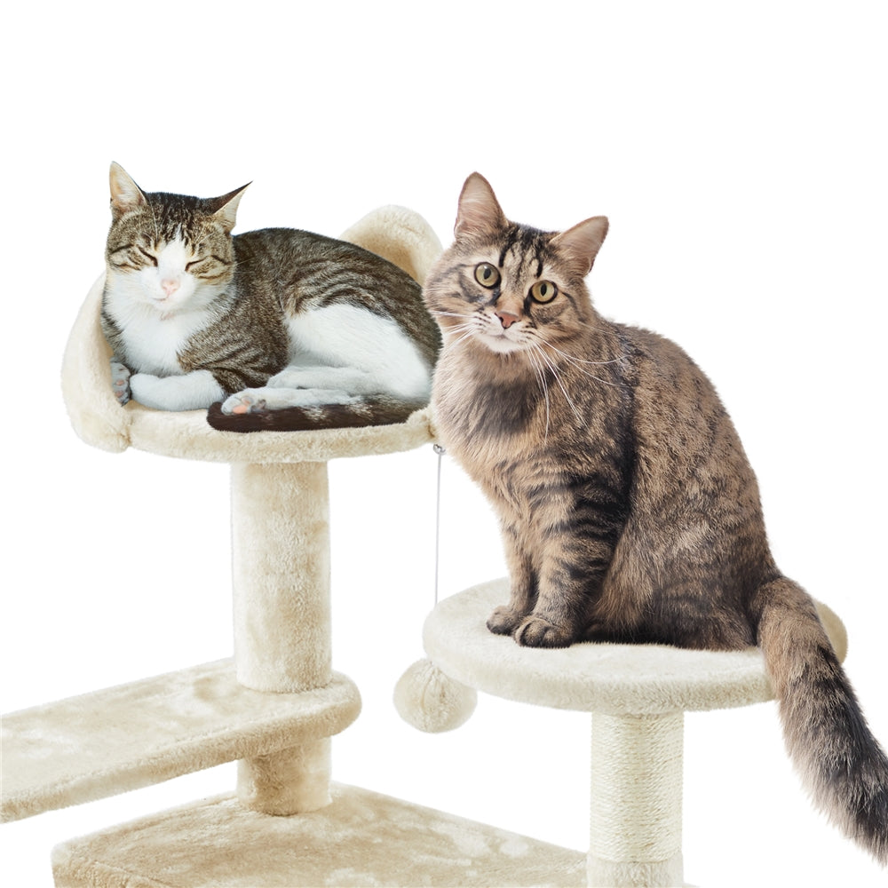 Cat Tree 57 Inch with Two Condos, Plush Multi-Level Indoor Kitten Tower with Round Platform, Ladder and Dangling Ball for Small Cats