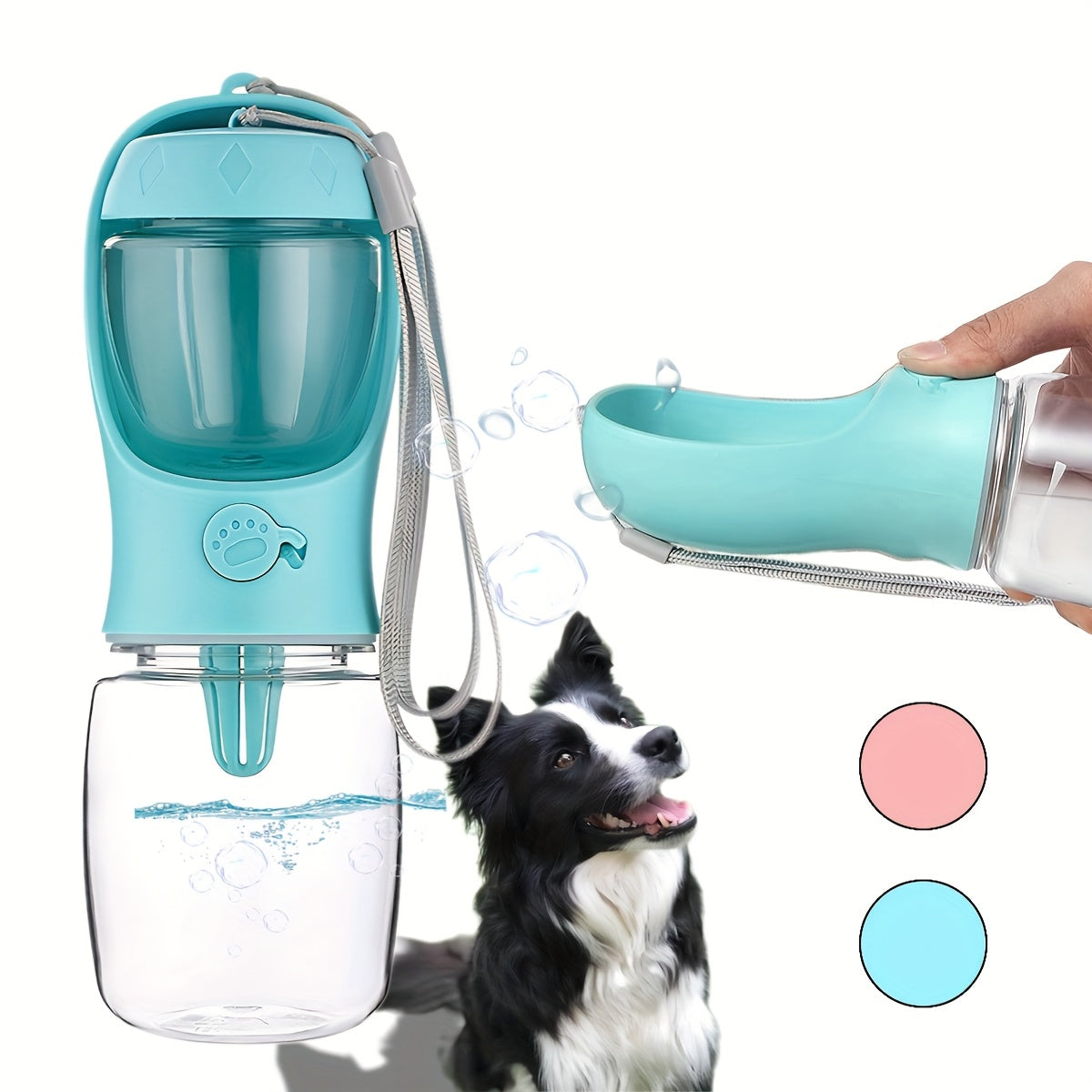Dog Water Bottle with Food Container, 20 oz Portable 2-in-1 Plastic Pet Travel Dispenser in Pink for Outdoor Walks, Hiking and Road Trips