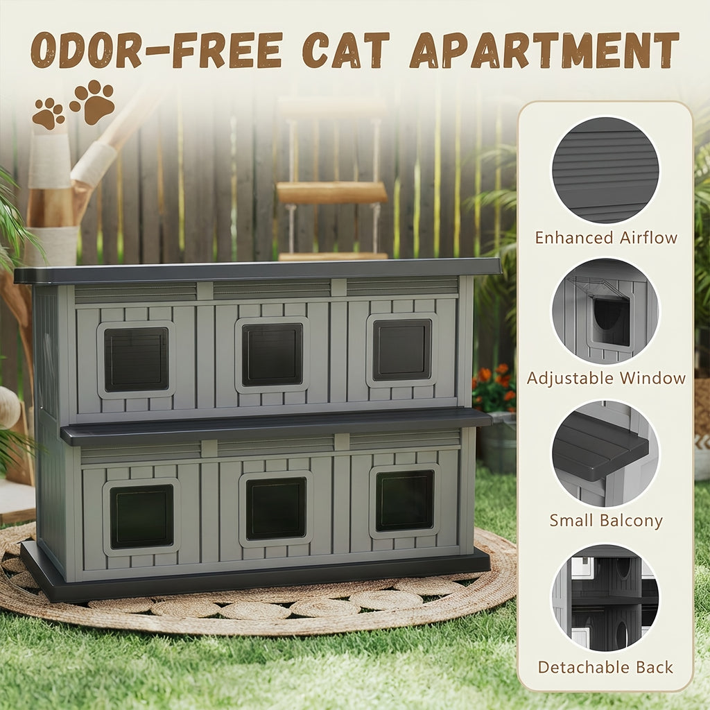 Two-Story Cat House with Multiple Small Windows, Double-Layer Cat Apartment and Resting Shelter for Stray Cats, Blue or Black Color Options