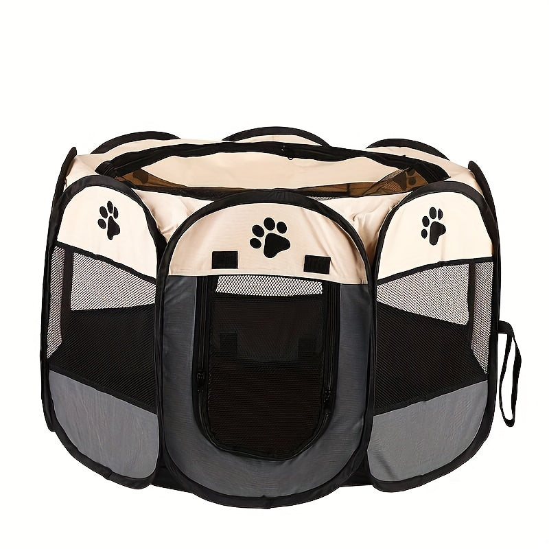 Folding Pet Playpen for Dogs and Cats, Octagonal Oxford Cloth Enclosure with Mesh Windows and Paw Print Panels for Supervised Indoor and Outdoor Use